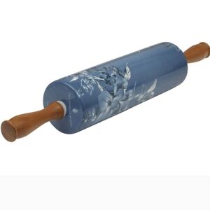 💕 New Pioneer Woman Delilah Blue Ceramic Rolling Pin With Olive Wood Handles